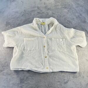 Love Notes Button Down Shirt Women L White Cotton Gauze Crop Coastal Grandma